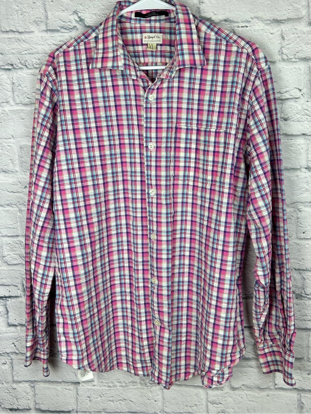 Haspel Co Women’s XL Pink Plaid Crinkle Cotton Long Sleeve Button Down Shirt